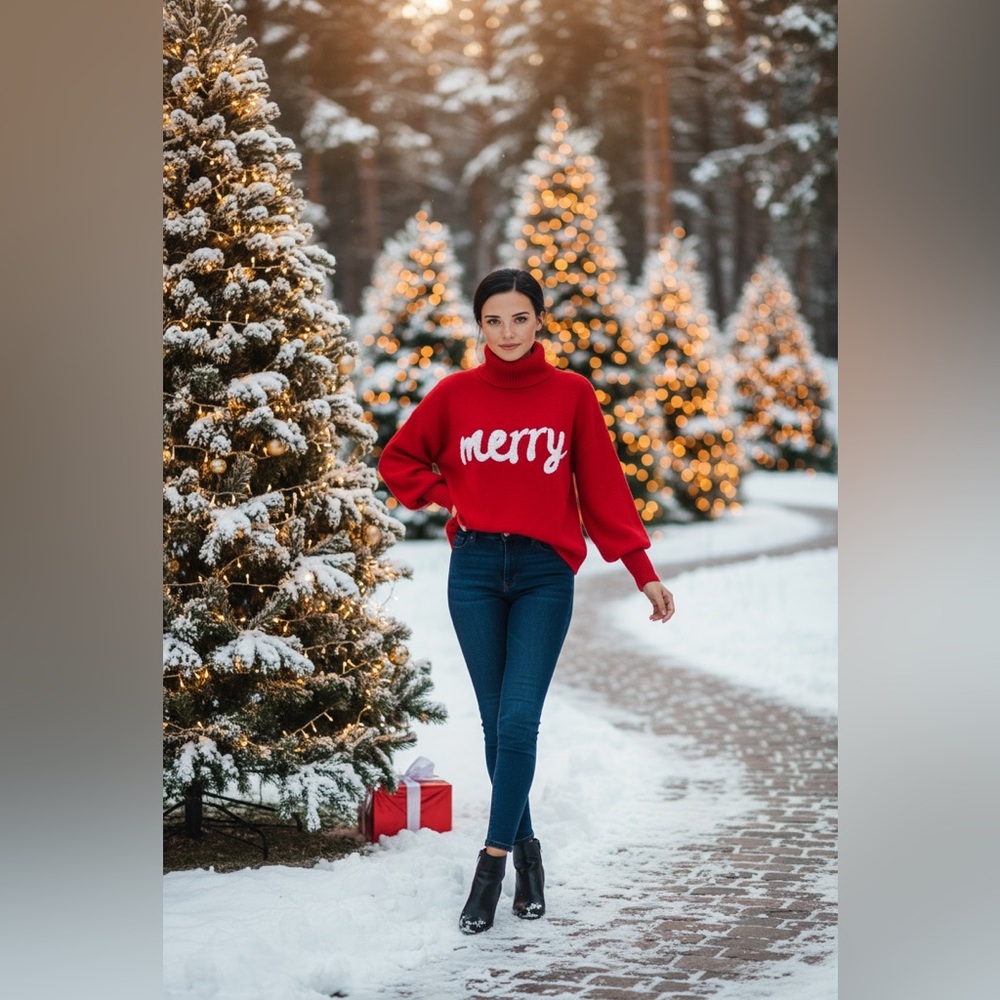 Red Turtleneck Sweater with 'Merry' Design